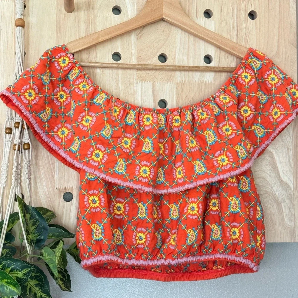 Y2K Topshop Boho Floral‎ Embroidered Off-Shoulder Top Size 8 - Picture 6 of 6
